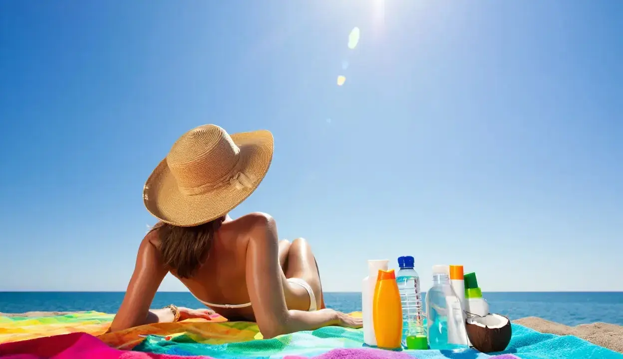 Frau mit Hut liegt am Strand, umgeben von Sonnencremes und Kokosnuss. So wird man schnell braun.