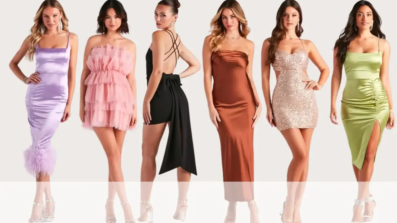 Sechs Frauen präsentieren verschiedene Outfits, die den Dresscode für Frauen widerspiegeln: von Satin über Tüll bis hin zu Pailletten.
