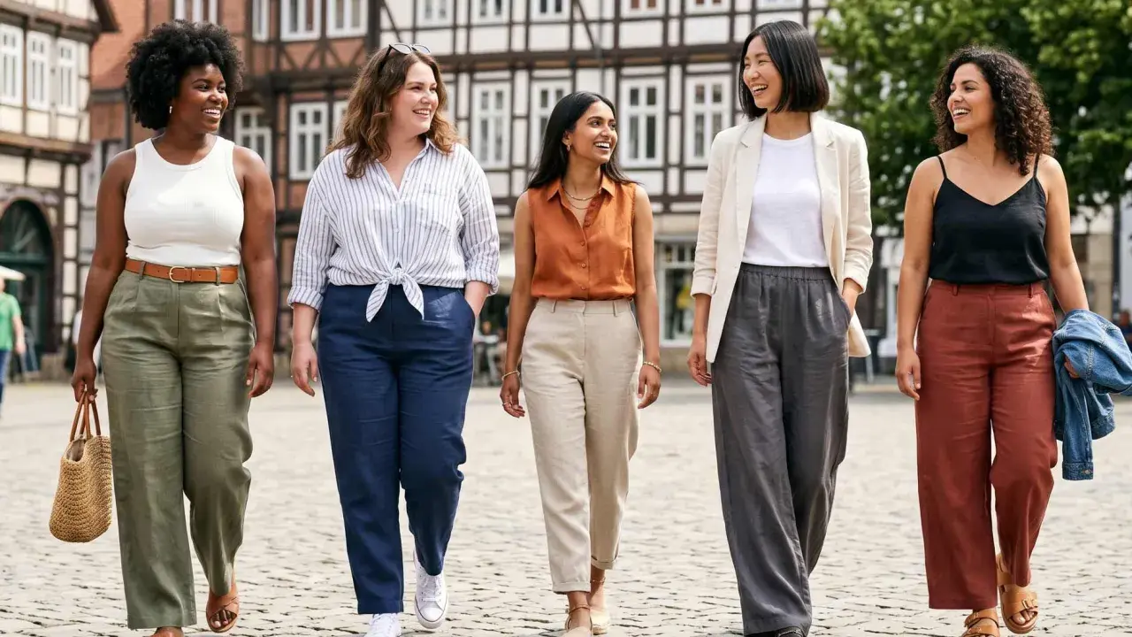 Fünf Frauen spazieren fröhlich über einen Platz. Sie zeigen, wie man Leinenhose kombinieren kann, in verschiedenen Farben und Styles.
