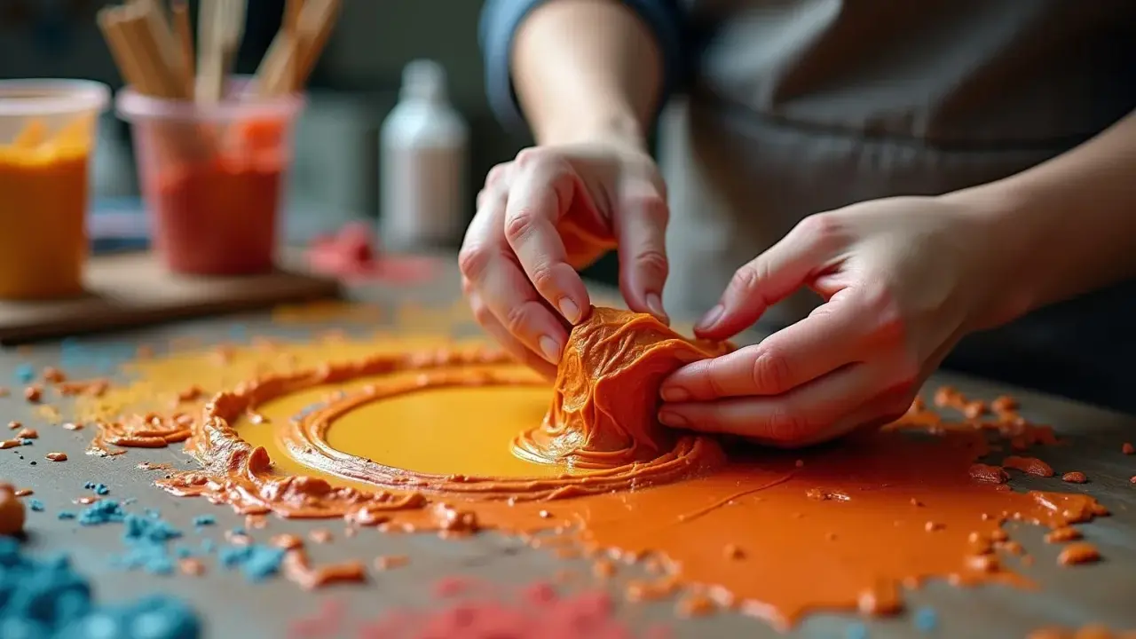 Hände formen orangefarbene Texturpaste. Das Selbermachen von Texturpaste ist ein kreativer Prozess, der Spaß macht.