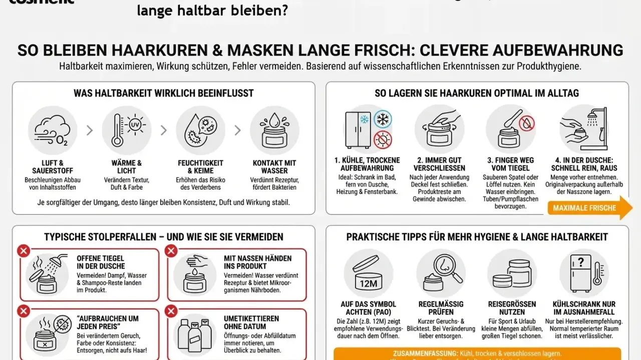 Haarkuren und Masken richtig lagern: Kühl, trocken, verschlossen aufbewahren, um zu verhindern, dass sie ablaufen.