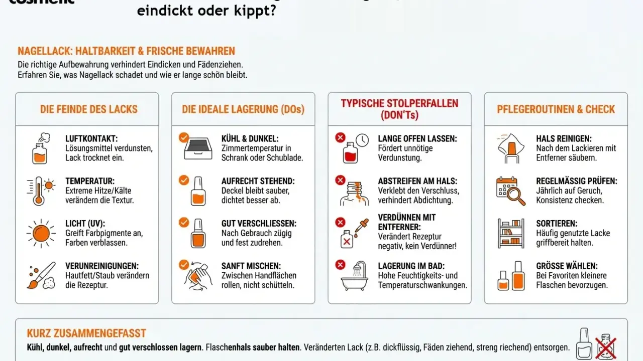 Nagellack richtig lagern: kühl, dunkel, aufrecht & gut verschlossen. So kann er nicht eindicken oder kippen.