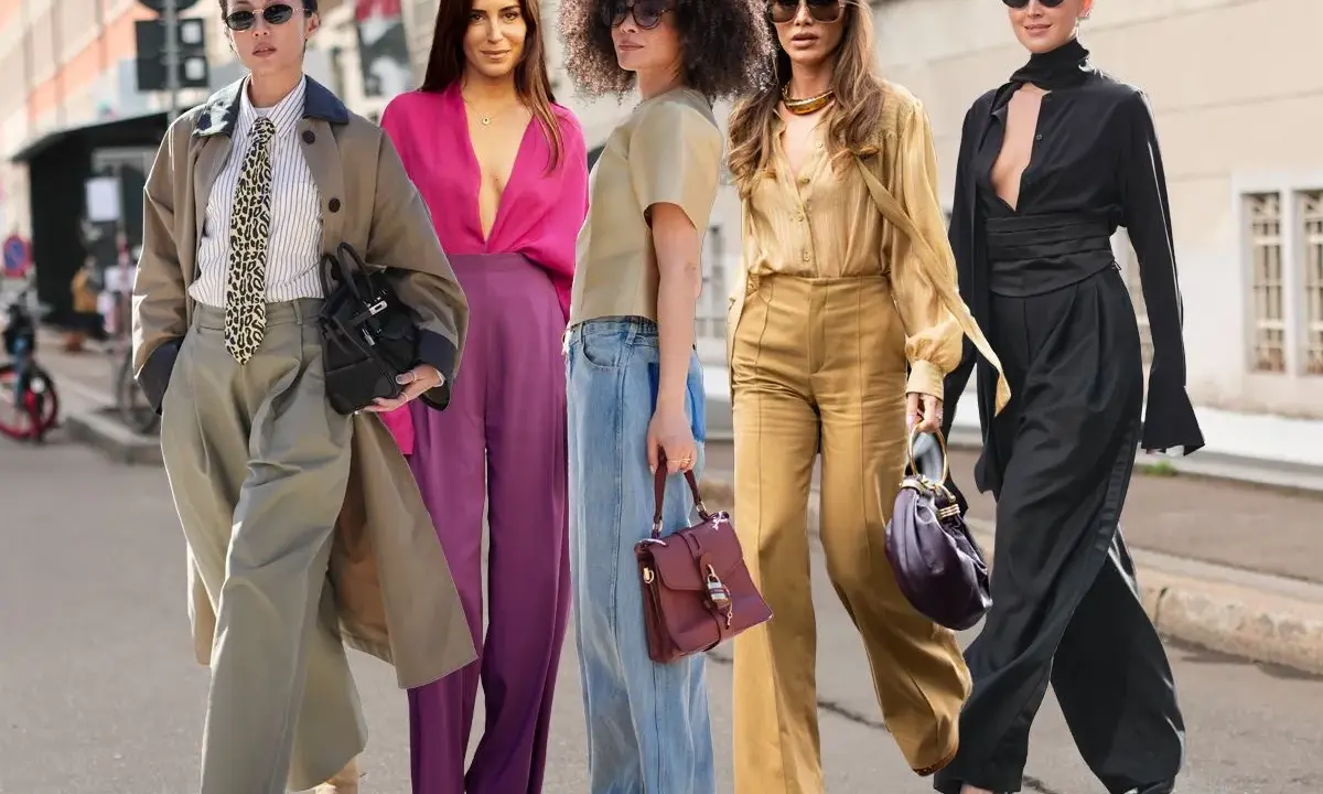 Fünf Frauen zeigen, wie man Palazzo-Hosen kombiniert: von lässig bis elegant, in verschiedenen Farben und Stoffen.