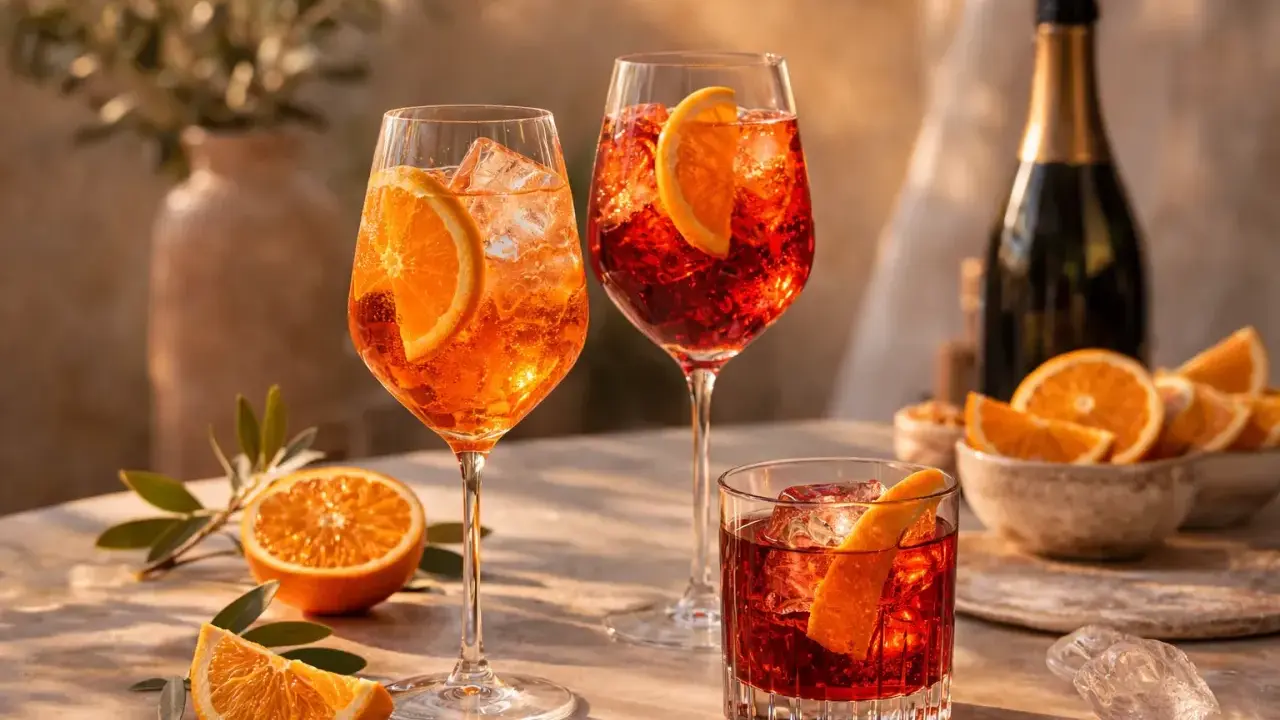 Erfrischende Aperol Spritz und Negroni Cocktails mit Orangenscheiben, Eis und einer Flasche Sekt – die perfekten spritz zutaten der iba.