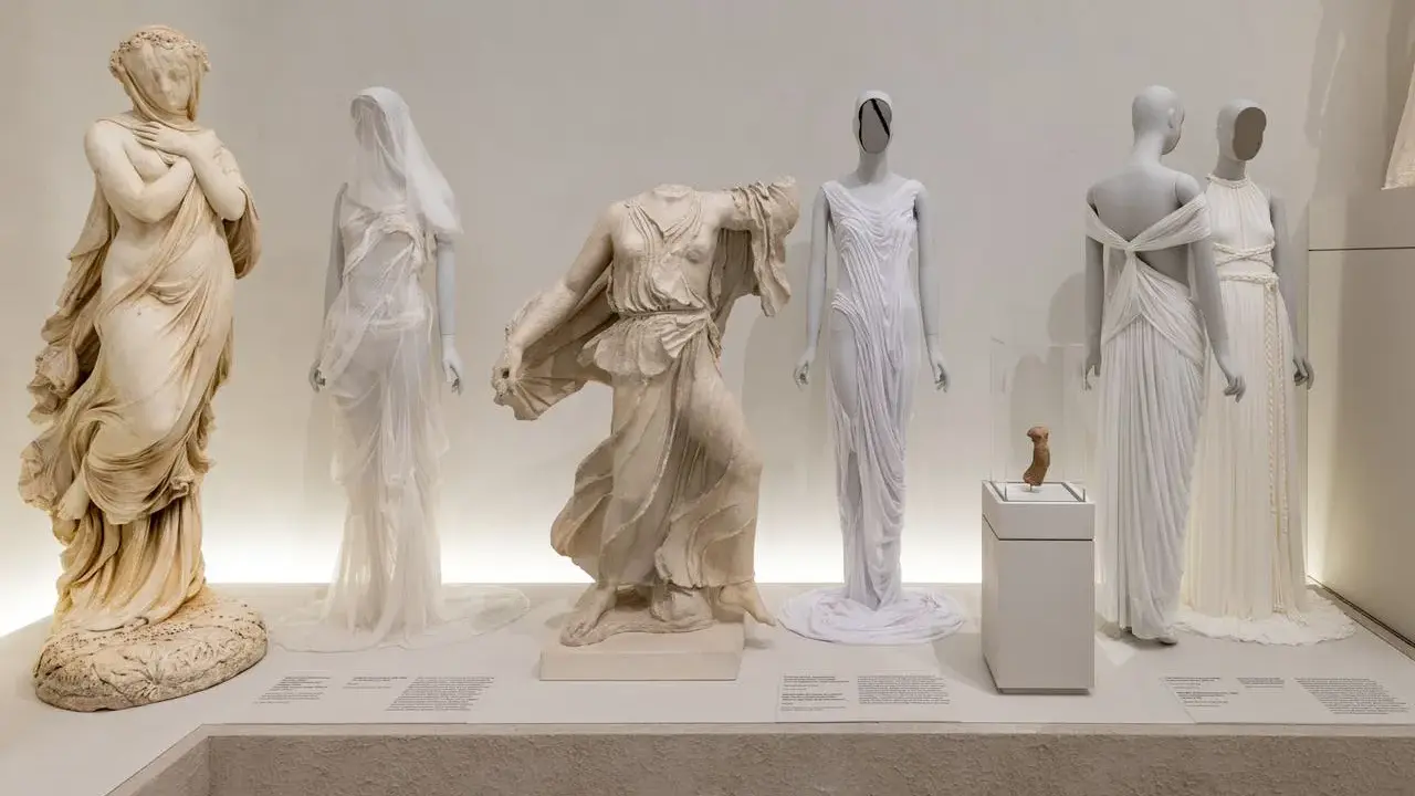 Antike Skulpturen und moderne Kleider inspirieren das Met Gala Thema. Weiße, fließende Stoffe erinnern an griechische Göttinnen.