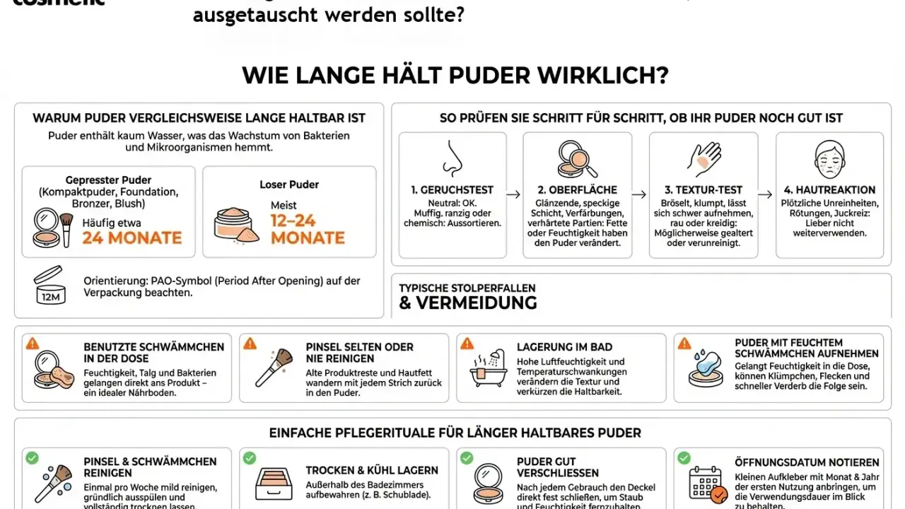 Gepresstes Puder hält ca. 24 Monate, loses Puder 12-24 Monate. So erkennst du, wie lange ist Puder haltbar: Geruch, Oberfläche, Textur und Hautreaktion prüfen.