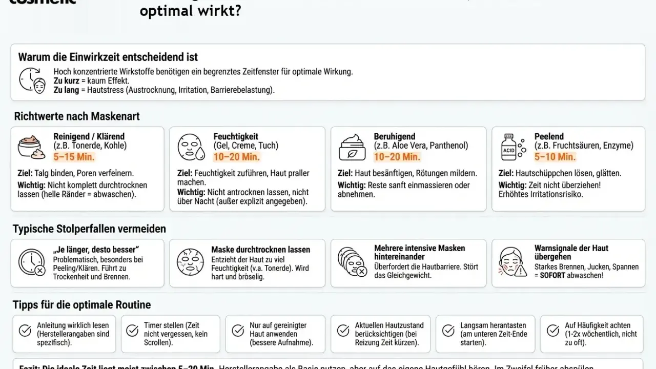 Die ideale Einwirkzeit für Gesichtsmasken liegt meist zwischen 5-20 Min. Je nach Maskentyp variiert die Dauer, um die Haut optimal zu pflegen.