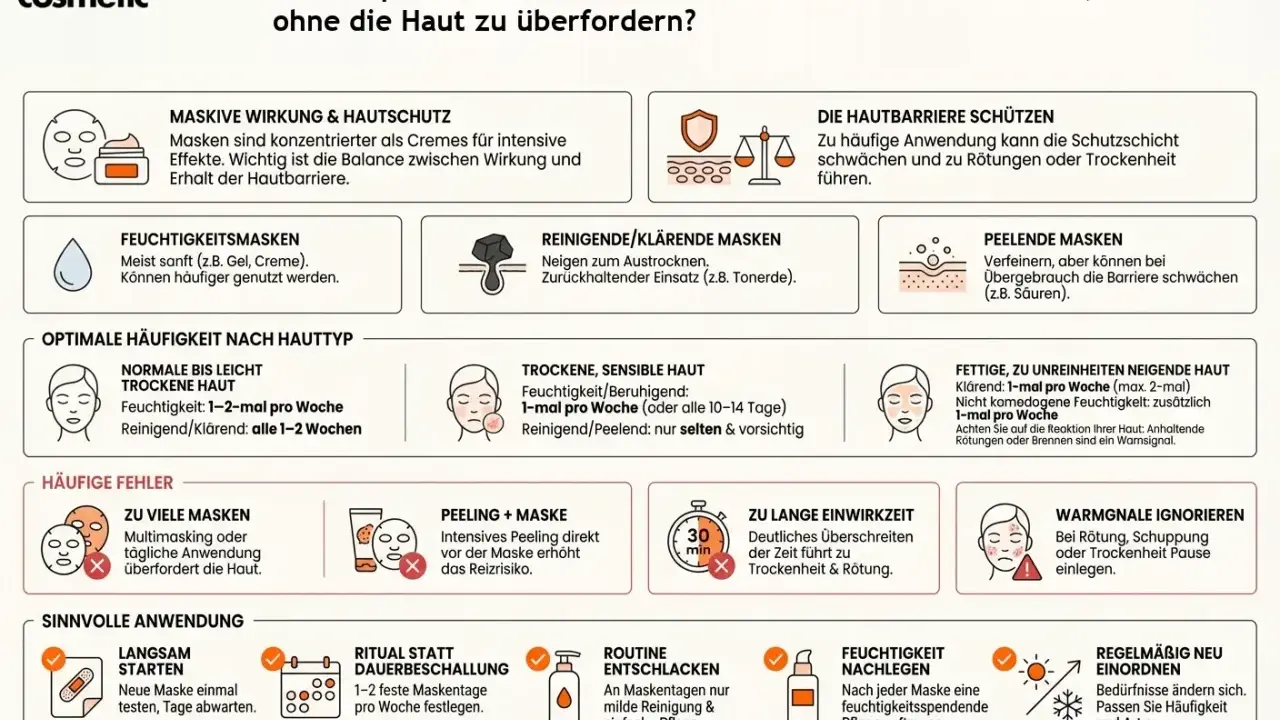 Infografik erklärt, wie oft eine Gesichtsmaske, z.B. eine Joghurtmaske, angewendet werden sollte, um die Haut nicht zu überfordern.