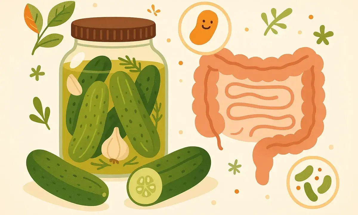 Essiggurken sind gesund! Ein Glas eingelegter Gurken, Knoblauch und ein lächelndes Bakterium neben einem Darm zeigen, wie gut sie für die Verdauung sind.