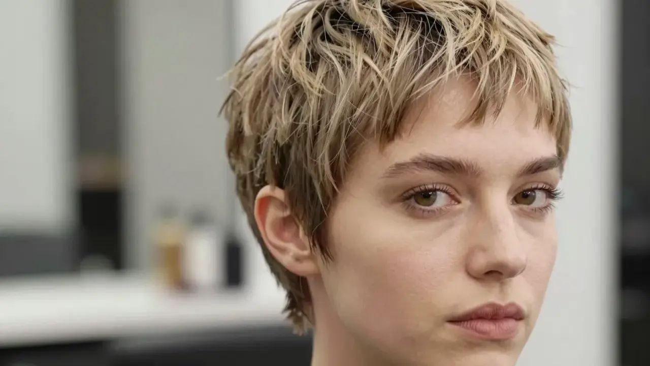Moderne kurzhaarfrisuren damen: Ein frecher Pixie-Schnitt mit blonden Strähnen und einem lässigen Look.