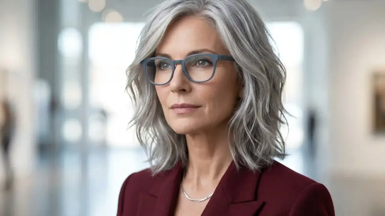 Eine Frau mit stufenschnitt frisuren graue haare mittellang trägt eine dunkelrote Jacke und eine Halskette.