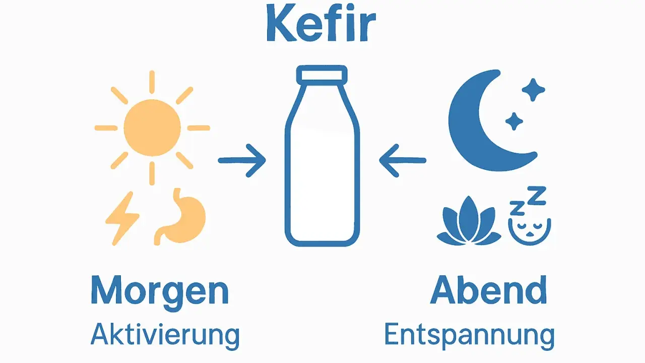 Kefir: Morgen für Aktivierung mit Sonne und Magen-Symbol, Abend zur Entspannung mit Mond, Sternen und Schlaf-Symbol.