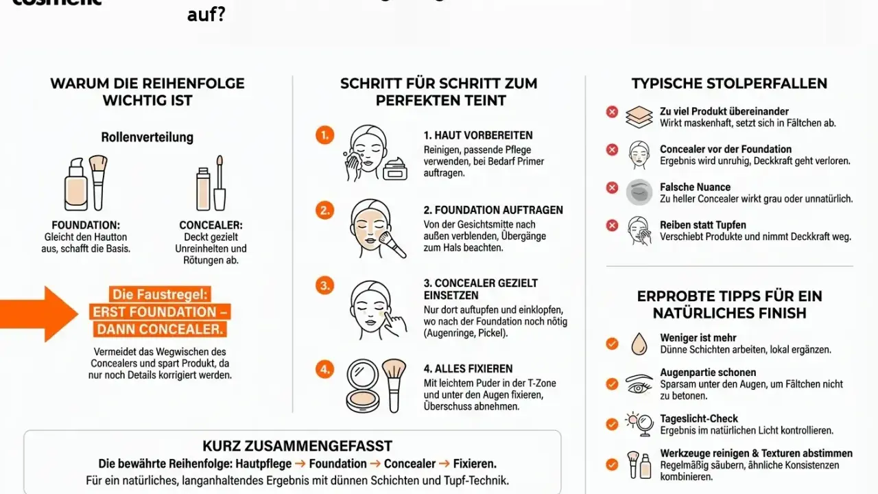 Die Faustregel: Erst Foundation, dann Concealer auftragen. So vermeidest du, dass das Produkt verschmiert und erzielst ein natürliches Finish.