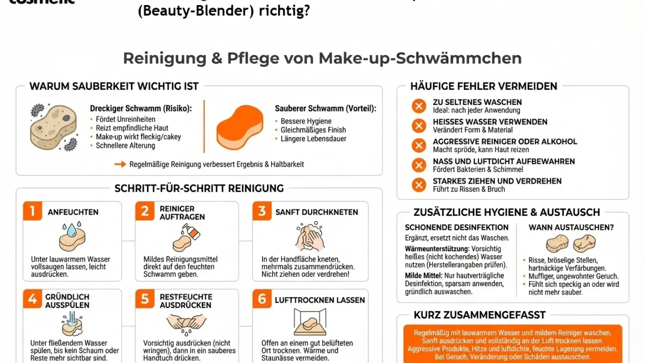 Make-up-Schwamm reinigen: Lauwarmes Wasser, milder Reiniger, sanft ausdrücken, lufttrocknen lassen. Aggressive Produkte vermeiden.