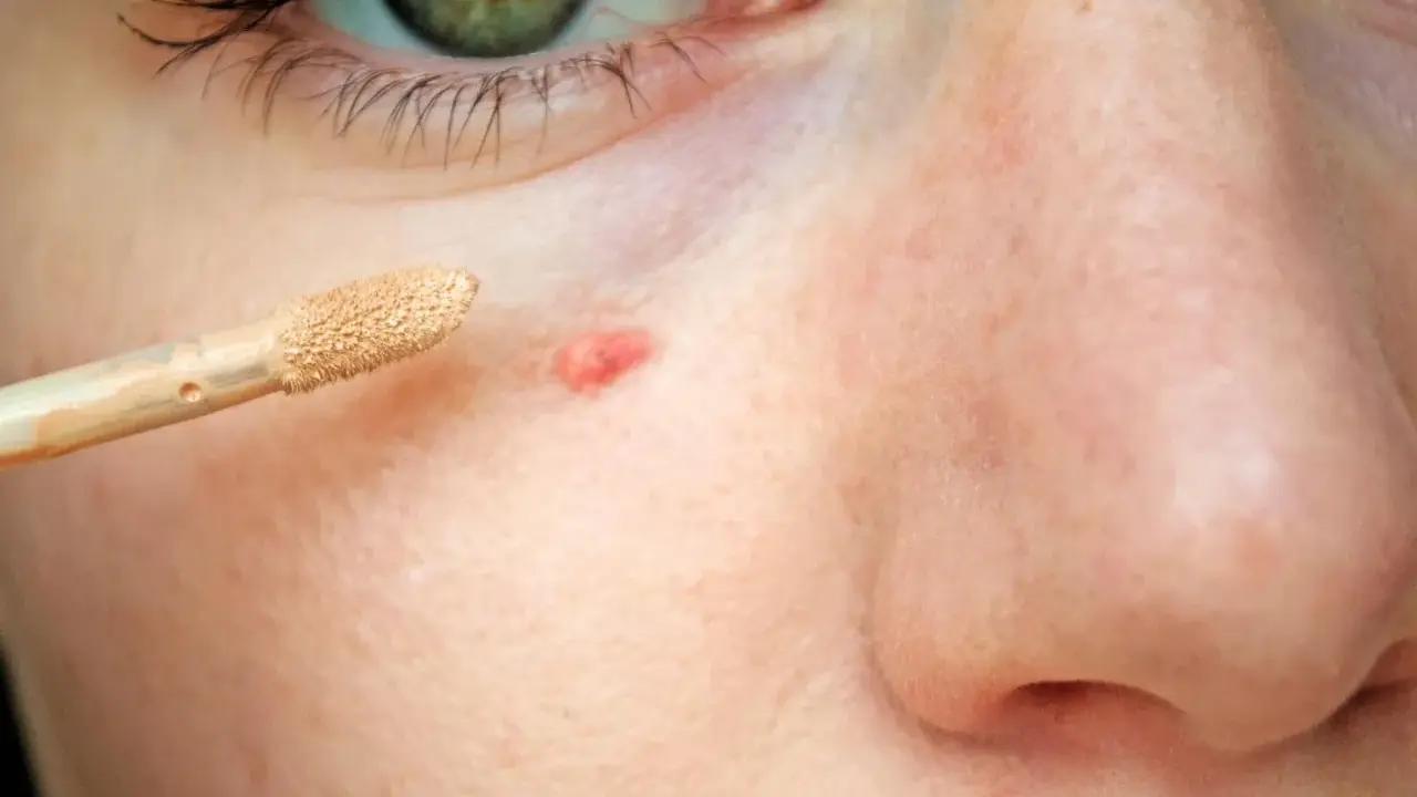 Ein Concealer-Applikator nähert sich einem roten Pickel mit Kruste, um ihn abzudecken.