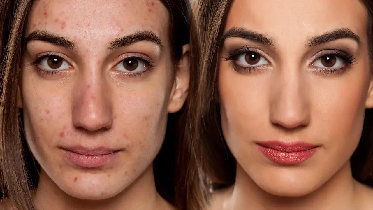 Vorher-Nachher-Vergleich: Haut mit Akne und perfekt geschminktes Gesicht. Hausmittel zum Make-up fixieren können helfen.
