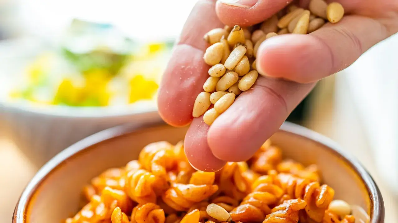 Eine Hand streut Pinienkerne über eine Schüssel mit Pasta. Pinienkerne gesund und lecker!