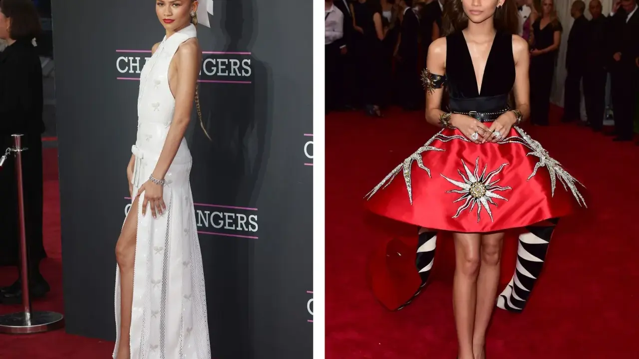 Zendaya in einem weißen Kleid mit Schleifen und einem roten Kleid mit Sonnensymbol. Ein echter Hingucker, wie ein **law roach** auf dem roten Teppich.
