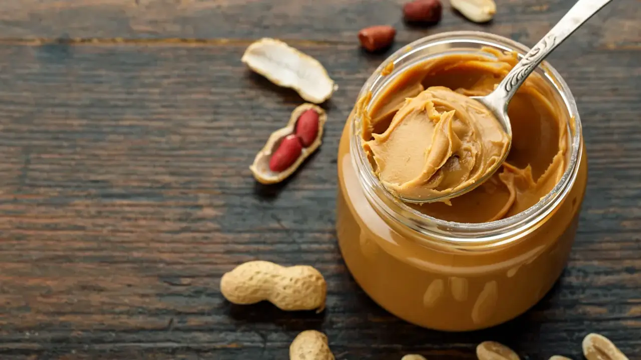 Ein Löffel cremiger Erdnussbutter ragt aus einem Glas. Umgeben von Erdnüssen und Schalen, zeigt das Bild, wie erdnussbutter gesund sein kann.