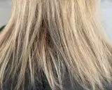 Blondes Haar, das so aussieht, als ob die Haare wachsen nicht mehr. Die Spitzen sind leicht ausgefranst.