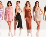 Sechs Frauen präsentieren verschiedene Outfits, die den Dresscode für Frauen widerspiegeln: von Satin über Tüll bis hin zu Pailletten.