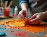 Hände formen orangefarbene Texturpaste. Das Selbermachen von Texturpaste ist ein kreativer Prozess, der Spaß macht.