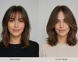 Frau mit braunen Haaren, links mit fransigem Pony, rechts mit Curtain Bangs mit Stufen, die ihr Gesicht umrahmen.