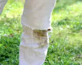 Hose mit hartnäckigen Grasflecken, die nach einer Wäsche noch sichtbar sind. Tipps zum Grasflecken entfernen gesucht.