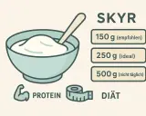Schüssel mit Skyr, Protein und Maßband. Ideal für deine Diät zum Abnehmen: 150g empfohlen, 250g ideal.