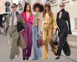 Fünf Frauen zeigen, wie man Palazzo-Hosen kombiniert: von lässig bis elegant, in verschiedenen Farben und Stoffen.