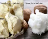 Vergleich von unraffinierter und raffinierter Sheabutter. Bei der raffinierten Variante sind die Nüsse sichtbar. Selten sind sheabutter nebenwirkungen.