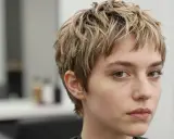 Moderne kurzhaarfrisuren damen: Ein frecher Pixie-Schnitt mit blonden Strähnen und einem lässigen Look.