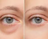 Vorher-Nachher-Vergleich: Deutlich sichtbare dunkle Augenringe links, rechts glatte Haut.