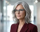 Eine Frau mit stufenschnitt frisuren graue haare mittellang trägt eine dunkelrote Jacke und eine Halskette.