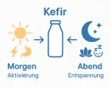 Kefir: Morgen für Aktivierung mit Sonne und Magen-Symbol, Abend zur Entspannung mit Mond, Sternen und Schlaf-Symbol.