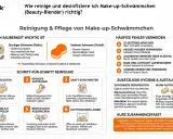 Make-up-Schwamm reinigen: Lauwarmes Wasser, milder Reiniger, sanft ausdrücken, lufttrocknen lassen. Aggressive Produkte vermeiden.