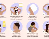 Schritt-für-Schritt-Anleitung zur Anwendung einer Haarmaske: Haare waschen, Maske einmassieren, einwirken lassen, ausspülen, Conditioner auftragen, erneut einwirken lassen, entwirren und gründlich ausspülen.