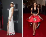 Zendaya in einem weißen Kleid mit Schleifen und einem roten Kleid mit Sonnensymbol. Ein echter Hingucker, wie ein **law roach** auf dem roten Teppich.