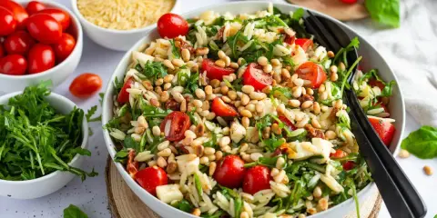 Ein leichtes Mittagessen im Sommer: Orzo-Salat mit Kirschtomaten, Rucola und Pinienkernen.