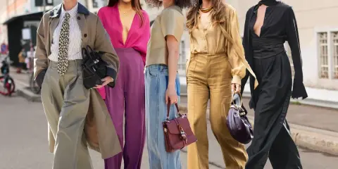 Fünf Frauen zeigen, wie man Palazzo-Hosen kombiniert: von lässig bis elegant, in verschiedenen Farben und Stoffen.