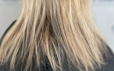 Blondes Haar, das so aussieht, als ob die Haare wachsen nicht mehr. Die Spitzen sind leicht ausgefranst.