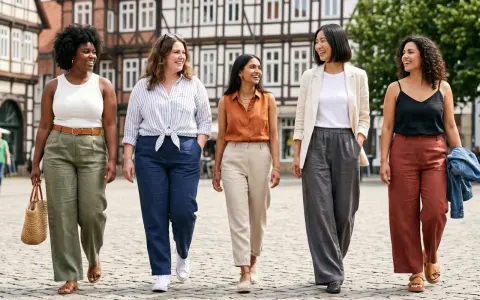 Fünf Frauen spazieren fröhlich über einen Platz. Sie zeigen, wie man Leinenhose kombinieren kann, in verschiedenen Farben und Styles.