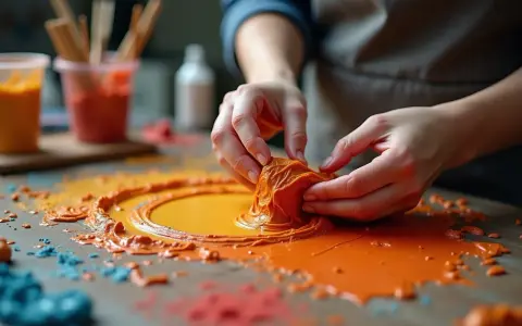 Hände formen orangefarbene Texturpaste. Das Selbermachen von Texturpaste ist ein kreativer Prozess, der Spaß macht.