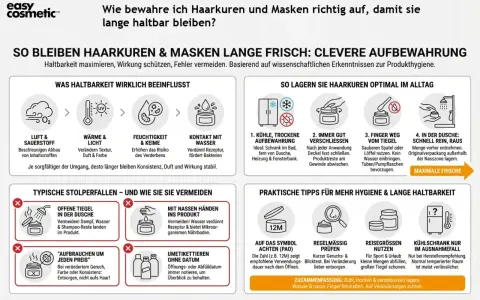 Haarkuren und Masken richtig lagern: Kühl, trocken, verschlossen aufbewahren, um zu verhindern, dass sie ablaufen.