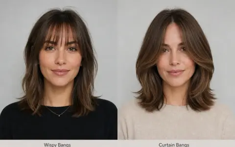 Frau mit braunen Haaren, links mit fransigem Pony, rechts mit Curtain Bangs mit Stufen, die ihr Gesicht umrahmen.
