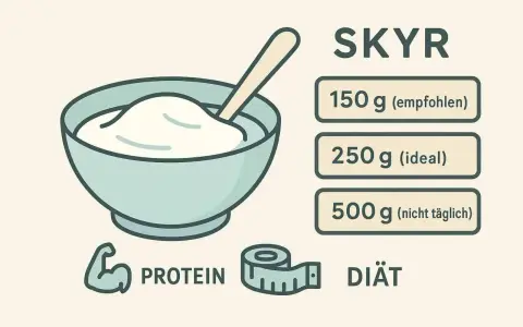 Schüssel mit Skyr, Protein und Maßband. Ideal für deine Diät zum Abnehmen: 150g empfohlen, 250g ideal.