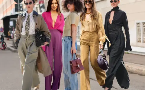Fünf Frauen zeigen, wie man Palazzo-Hosen kombiniert: von lässig bis elegant, in verschiedenen Farben und Stoffen.