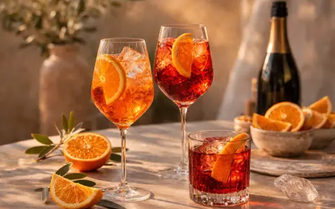 Erfrischende Aperol Spritz und Negroni Cocktails mit Orangenscheiben, Eis und einer Flasche Sekt – die perfekten spritz zutaten der iba.