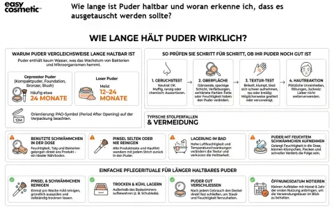 Gepresstes Puder hält ca. 24 Monate, loses Puder 12-24 Monate. So erkennst du, wie lange ist Puder haltbar: Geruch, Oberfläche, Textur und Hautreaktion prüfen.