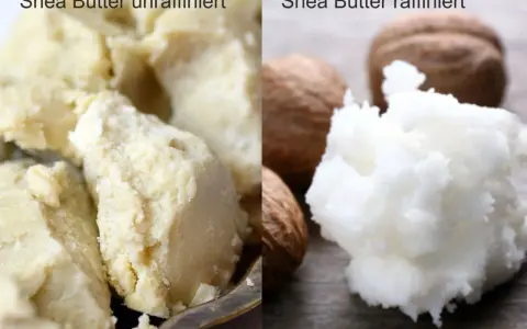 Vergleich von unraffinierter und raffinierter Sheabutter. Bei der raffinierten Variante sind die Nüsse sichtbar. Selten sind sheabutter nebenwirkungen.